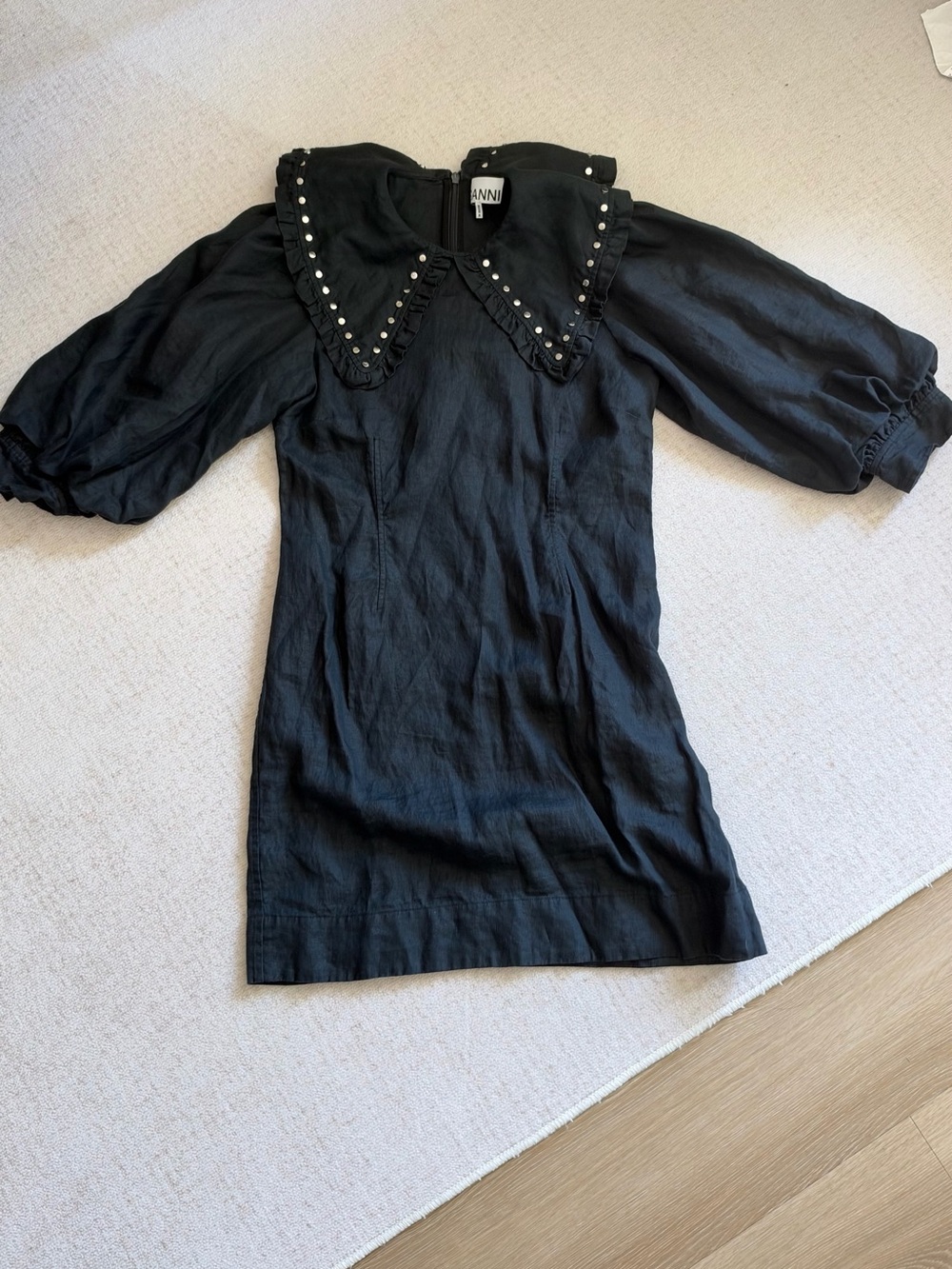 Ganni Black Mini Dress with Studded Peter Collar